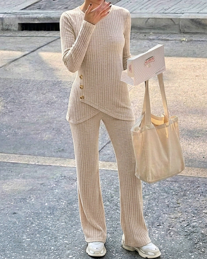 Women's Brushed Ribbed Knit 2 Piece Set Button Long Sleeve Top and Wide Leg Pants with Pockets Casual Loungewear