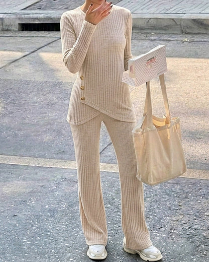 Women's Brushed Ribbed Knit 2 Piece Set Button Long Sleeve Top and Wide Leg Pants with Pockets Casual Loungewear