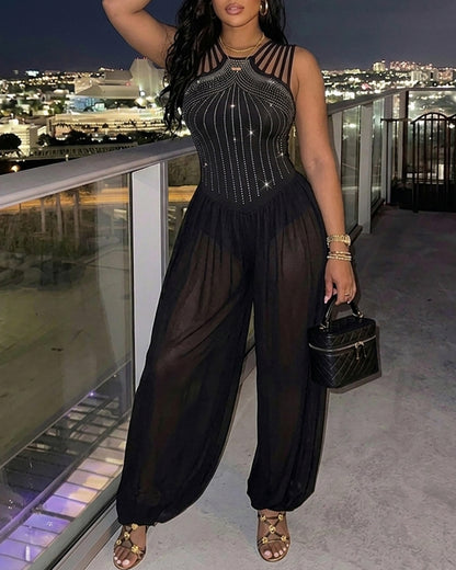 Women's Rhinestone Cutout Jumpsuit Sleeveless Sheer Chiffon Lantern Leg Overalls