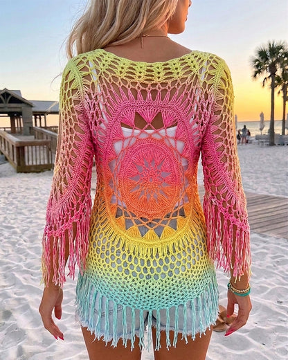 Women's Tie Dye Crochet Beach Cover Up Hollow Out Long Sleeve Vacation Top