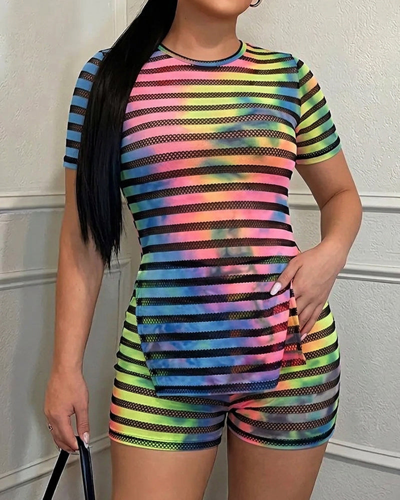 Women's Striped Tie Dye Two Piece Set Short Sleeve Side Slit Top and High Waist Shorts Slim Fit Mesh Patchwork Outfits
