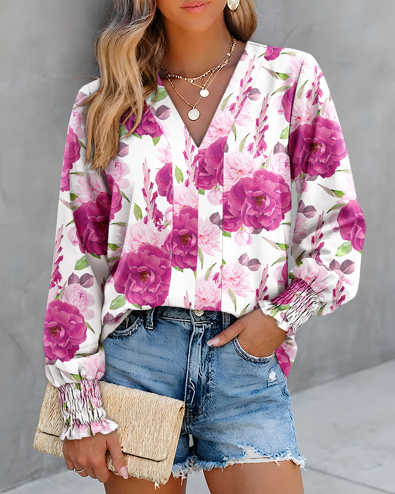 Floral Print V-Neck Long Sleeve Shirred Cuffs Blouse Casual Backless Tie Back Top
