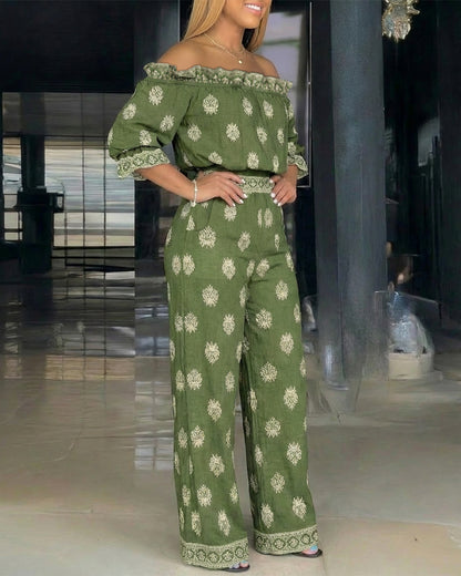 2 Pieces Outfit Stretchy Off Shoulder Half Sleeve Flared Cuffs Stretchy Hem Top and High Waist Elastic Back Waist Wide Leg Pants Set Casual Vintage Print Vacation Set