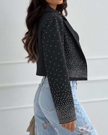 Blazer corto brillante con pedrería para mujer, frente abierto, solapas, chaqueta de fiesta