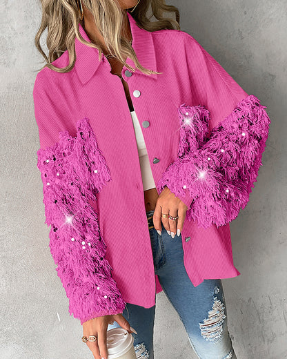 Contrast Sequin Turn-down Collar Long Sleeve Tassel Design Fuzzy Shacket with Pocket