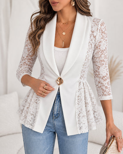 Women's Lace Patchwork Blazer Elegant Shawl Lapel Peplum Coat Single Breasted Three Quarter Sleeve Outwear