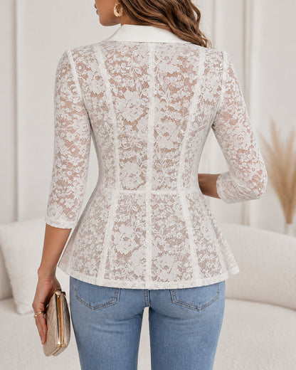 Women's Lace Patchwork Blazer Elegant Shawl Lapel Peplum Coat Single Breasted Three Quarter Sleeve Outwear