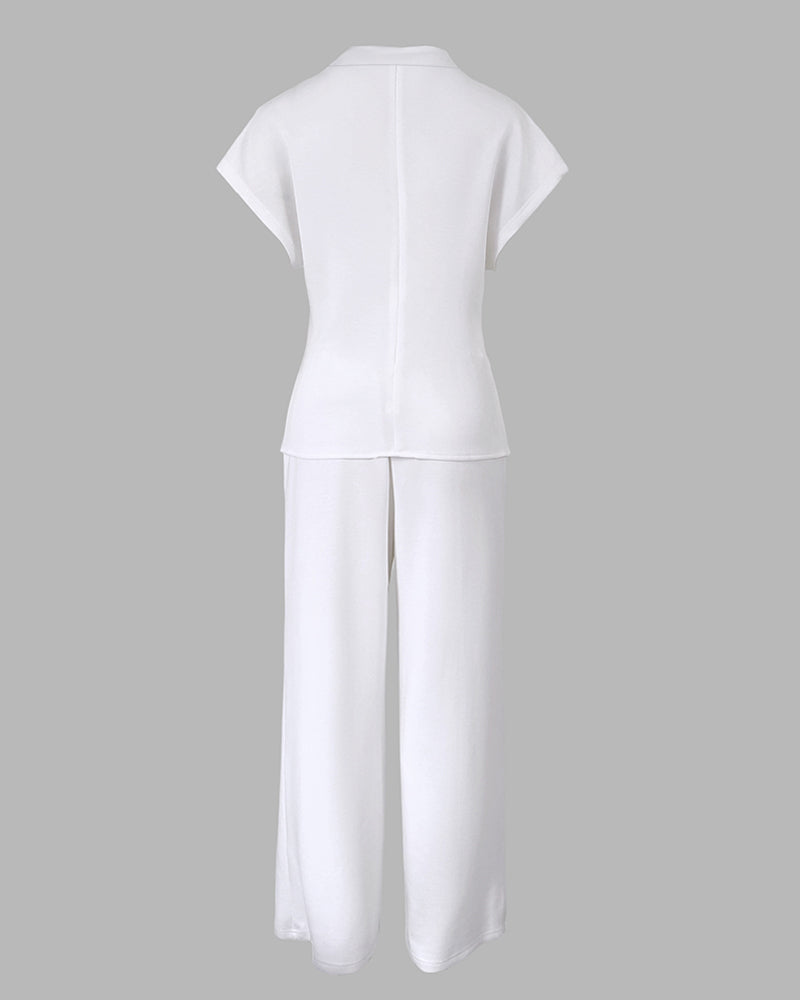 Women's 2 Piece Outfits V Neck Twist Front Slit Top and High Waisted Straight Leg Pants Set Commute Business Casual Suit