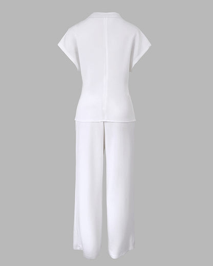 Women's 2 Piece Outfits V Neck Twist Front Slit Top and High Waisted Straight Leg Pants Set Commute Business Casual Suit