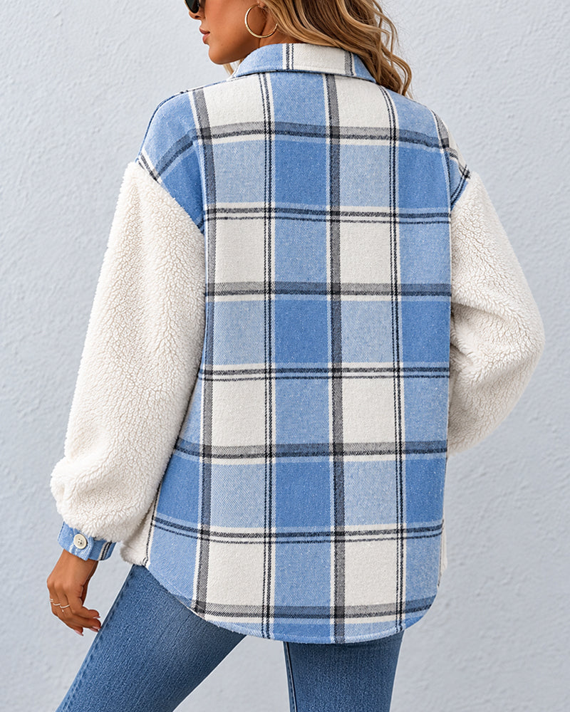Veste polaire à carreaux pour femmes, veste décontractée à manches longues boutonnée en fausse peau de mouton