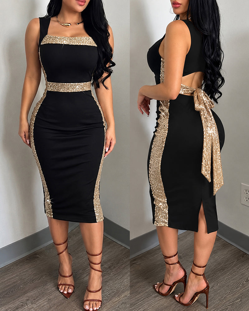 Contrast Sequin Decor Square Neck Sleeveless Bow Tie Back Slit Dress Elegant Hollow-out Back Cinched Waist Party Dress