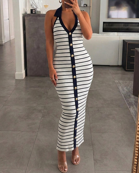 Women's Striped Halter Neck Ribbed Maxi Dress Elegant Gold Button Backless Deep V Lapel Collar Bodycon Dress