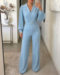 Rhinestone & Pearls Decor Lapel Collar Pleated Long Sleeve Wide Leg Overalls Casual High Waist Zipper Back Jumpsuit