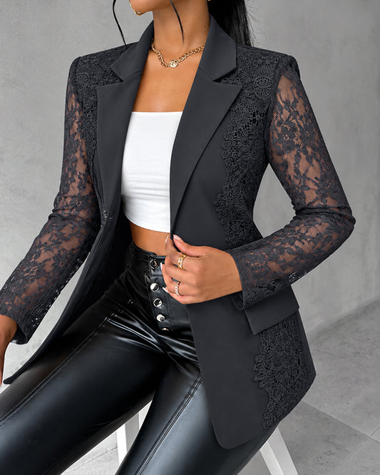 Damen-Blazer mit Spitzen-Patchwork, eleganter, einreihiger Mantel mit transparenten Ärmeln