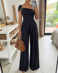 CHICME Damen-Overall mit One-Shoulder-Goldschnalle, gerüschter Taille und weitem Bein