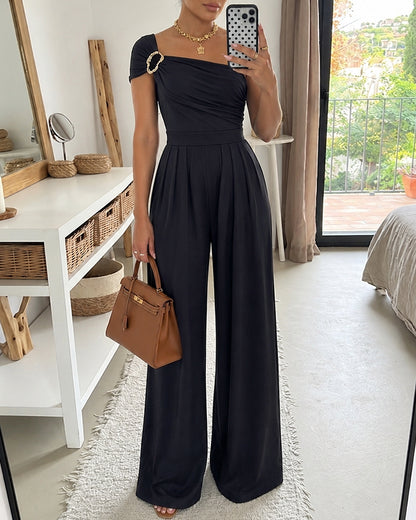 CHICME Damen-Overall mit One-Shoulder-Goldschnalle, gerüschter Taille und weitem Bein