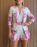 Women's Floral Blazer & Shorts Set Elegant Single-Breasted Coat and High-Waisted Shorts with Belt