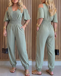 Women's Cold Shoulder Jumpsuit Casual High Waist Shirred Cuffed Overalls with Pockets