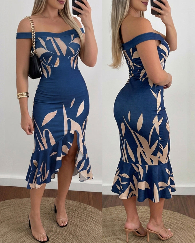 Women's Off Shoulder Midi Dress Leaf Print Bodycon Mermaid Dress Ruffle Hem Slit Party Cocktail Dress 1 Women's Off Shoulder Midi Dress Leaf Print Bodycon Mermaid Dress Ruffle Hem Slit Party Cocktail Dress