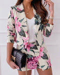 Women's 2 Piece Floral Outfits Double Breasted Cropped Blazer and High Waisted Skort Set Casual Suit Set
