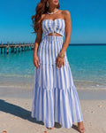 Women's Striped Tube Maxi Dress Sexy Cutout Bodycon Mermaid Dress Ruched Shirred Drawstring Vacation Dress