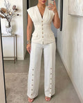Women's 2-Piece Elegant Set Deep V-Neck Sleeveless Backless Pleated Top and Wide-Leg Pants Formal Outfit