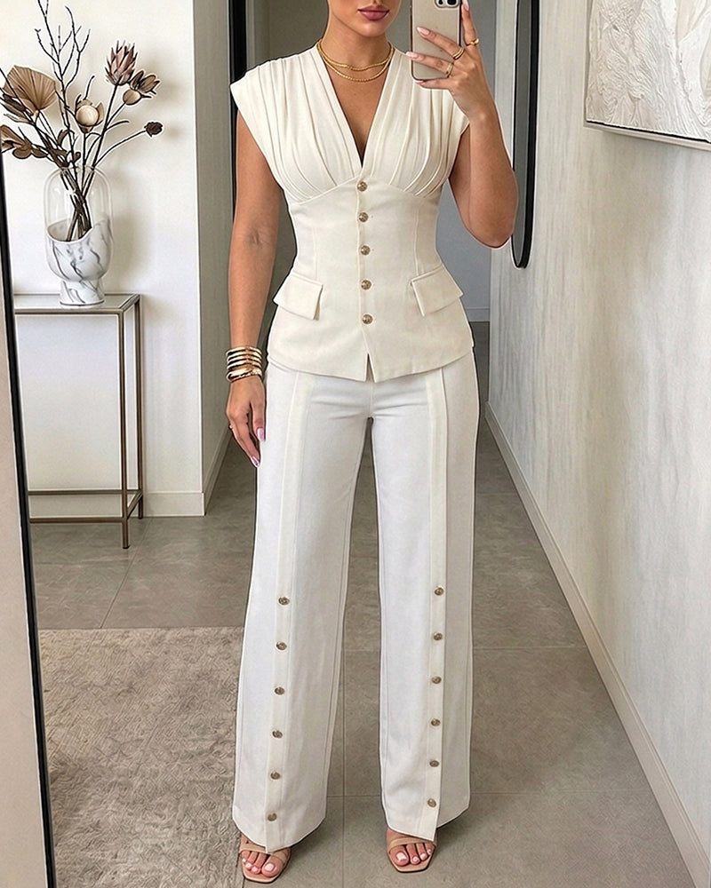 Women's 2-Piece Elegant Set Deep V-Neck Sleeveless Backless Pleated Top and Wide-Leg Pants Formal Outfit