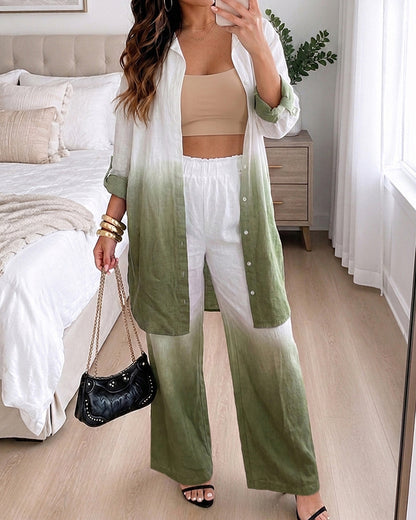 Women's Ombre 2 Piece Outfits Long Sleeve Mid-Length Button Down Shirt and High Waisted Wide Leg Pants Set without Belt