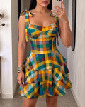 Women's Colorblock Plaid Mini Dress Elegant Tie Strap Ruffle Tiered Vacation Dress Shirred Backless A Line Sundress