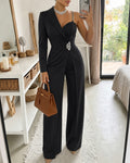 Rhinestone Decor One Shoulder Adjustable Spaghetti Strap Overalls Casual Long Sleeve Wrap Front Wide Leg Jumpsuit