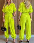 Women's Lapel Half Sleeve Jumpsuit Button Front Shirred Waist Casual Overalls with Pockets