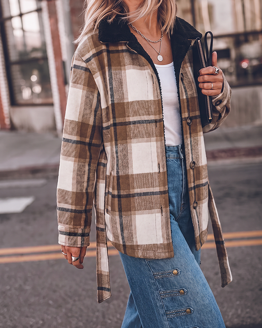 Women's Lapel Two-Way Reversible Plaid Fuzzy Fleece Long Sleeve Coat with Belt