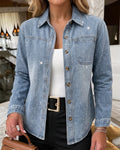 Women's Rhinestone Denim Jacket Washed Button-Down Shacket Sparkling Loose Fit Long Sleeve Casual Outerwear