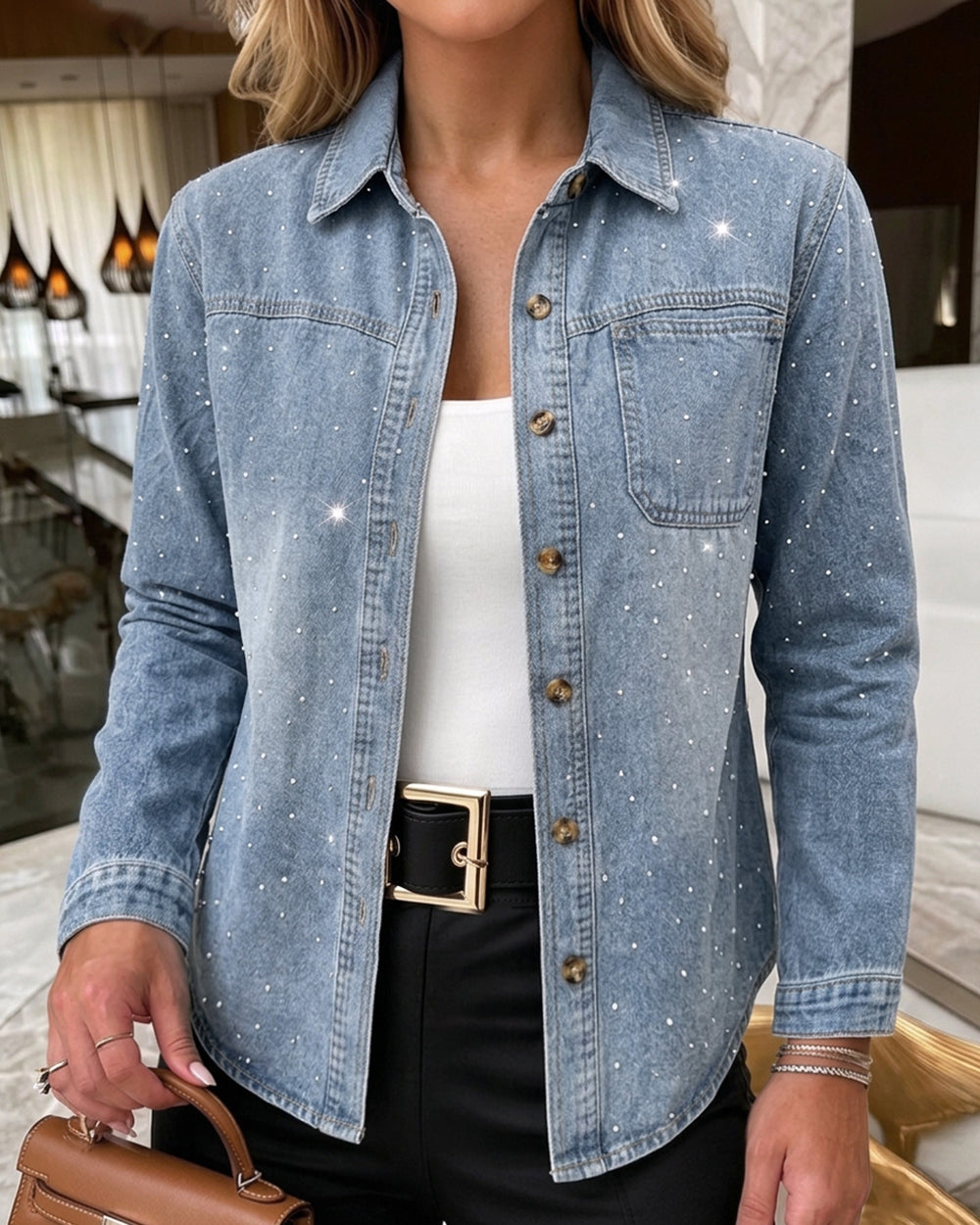 Women's Rhinestone Denim Jacket Washed Button-Down Shacket Sparkling Loose Fit Long Sleeve Casual Outerwear