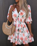 Floral Print Overlap Deep V-Neck Half Sleeve Shirred Waist A Line Dress Casual Flared Cuffs Ruffle Hem Chiffon Dress