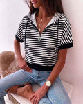 Women's Striped Half Zip Drawstring Hoodie Short Sleeve Sweatshirt Loose Contrast Trim Casual Pullover Top