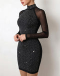 Robe moulante à manches longues et col montant en strass pour femmes, Mini robe de soirée