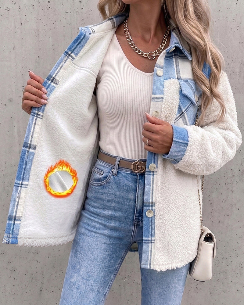 Veste polaire à carreaux pour femmes, veste décontractée à manches longues boutonnée en fausse peau de mouton