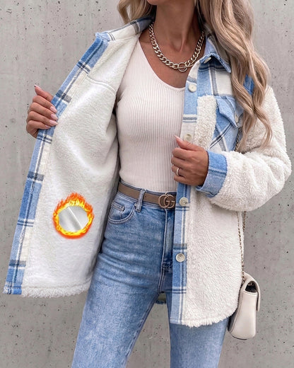 Veste polaire à carreaux pour femmes, veste décontractée à manches longues boutonnée en fausse peau de mouton