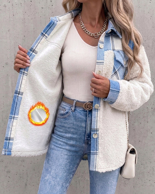 Women's Plaid Patchwork Fleece Shacket Casual Long Sleeve Button Down Faux Shearling Jacket