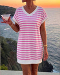 Women's Striped V-Neck T-Shirt Dress Summer Casual Short Sleeve Mini Dress Loose Fit Vacation Dress with Pockets