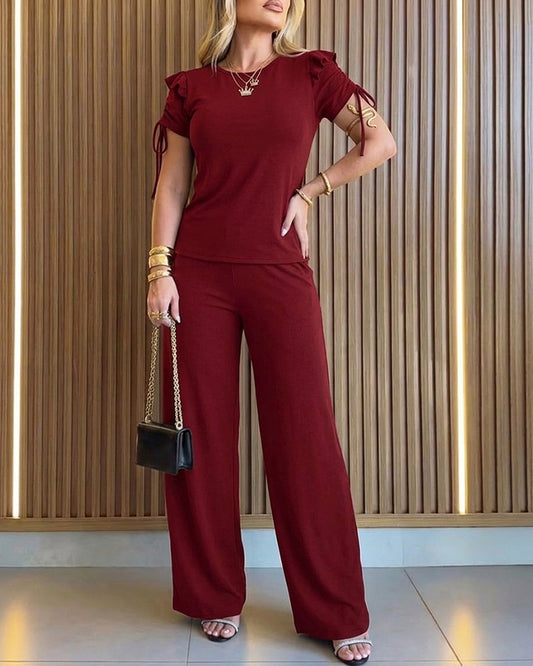 2 Pieces Outfit Ruffles Decor Drawstring Short Sleeve Top and Casual Elastic Waist Seam Front Wide Leg Pants Set