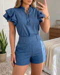 Women's Denim Look Two Piece Set Ruffle Short Sleeve Tie Neck Top and High Waist Shorts Casual Matching Set