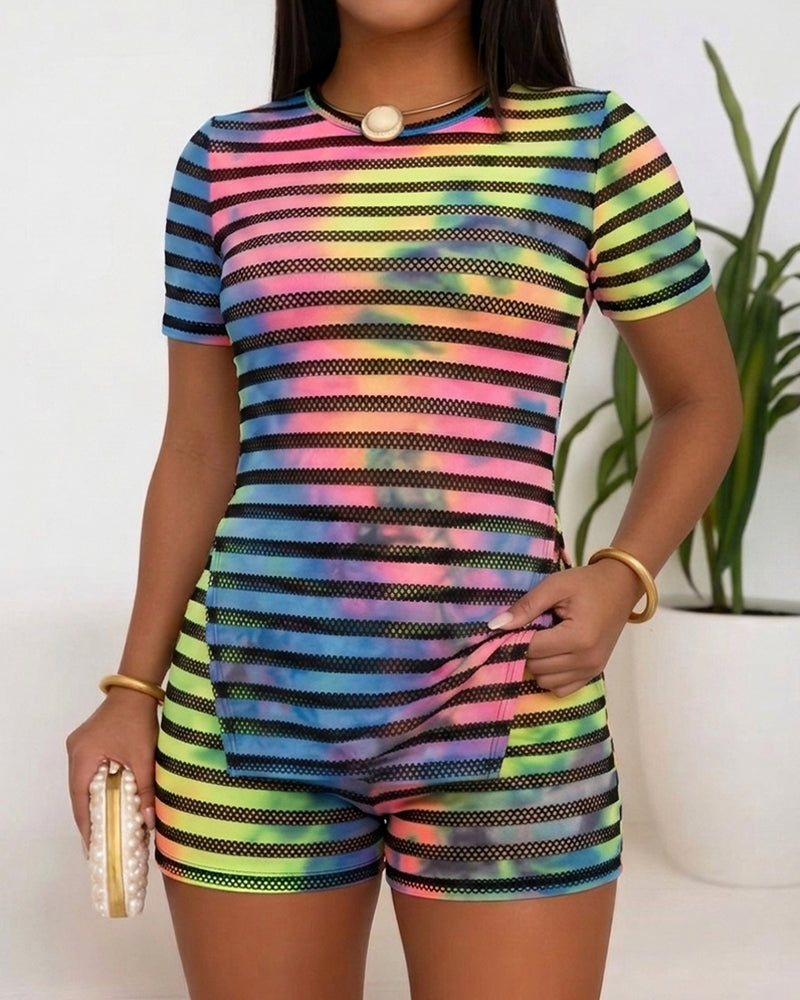 Women's Striped Tie Dye Two Piece Set Short Sleeve Side Slit Top and High Waist Shorts Slim Fit Mesh Patchwork Outfits