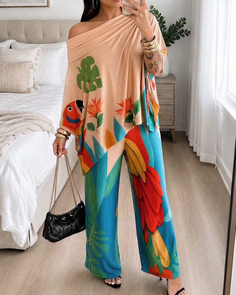 Women's 2-Piece Tropical Print Outfit Off Shoulder Batwing Sleeve Loose Top and Wide Leg Pants Set Casual Vacation Matching Suit