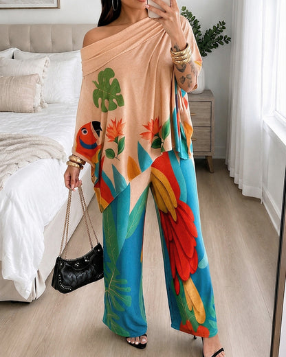 Women's 2-Piece Tropical Print Outfit Off Shoulder Batwing Sleeve Loose Top and Wide Leg Pants Set Casual Vacation Matching Suit