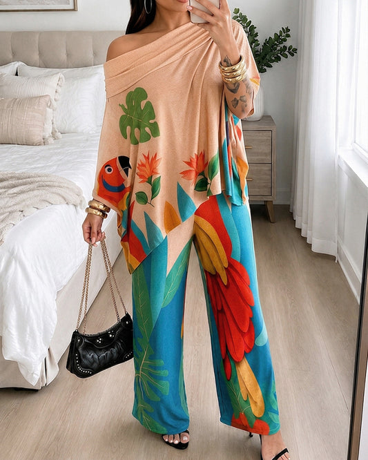 Women's 2-Piece Tropical Print Outfit Off Shoulder Batwing Sleeve Loose Top and Wide Leg Pants Set Casual Vacation Matching Suit