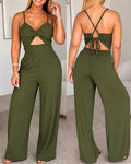 Women's Hollow Out Twist Front Jumpsuit Sexy Backless Criss Cross Tied Cami High Waist Straight Leg Overalls