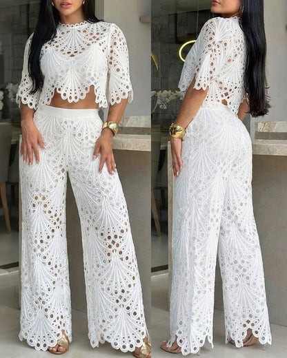 Women's 2-Piece Lace Matching Set Elegant Stand Collar Hollow Out Crop Top and High Waisted Straight Leg Pants Suit with Lining
