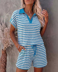 Women's Stripe Textured Two Piece Outfits Polo Top and Drawstring High Waisted Shorts Casual Lounge Set